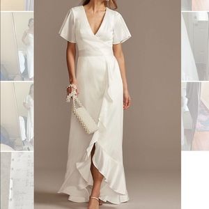 David’s Bridal DB Studio Flutter Sleeve Stretch Satin Dress with Ruffle Hem